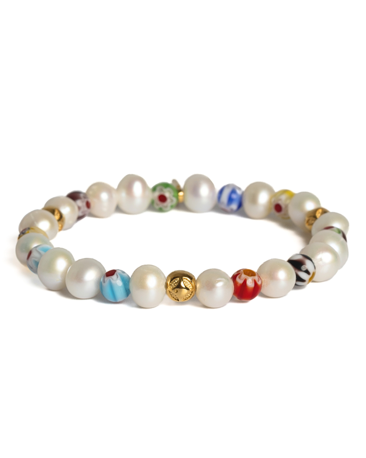 Dámsky Elastický Náramok - Freshwater Pearl, Millefiori & Gold