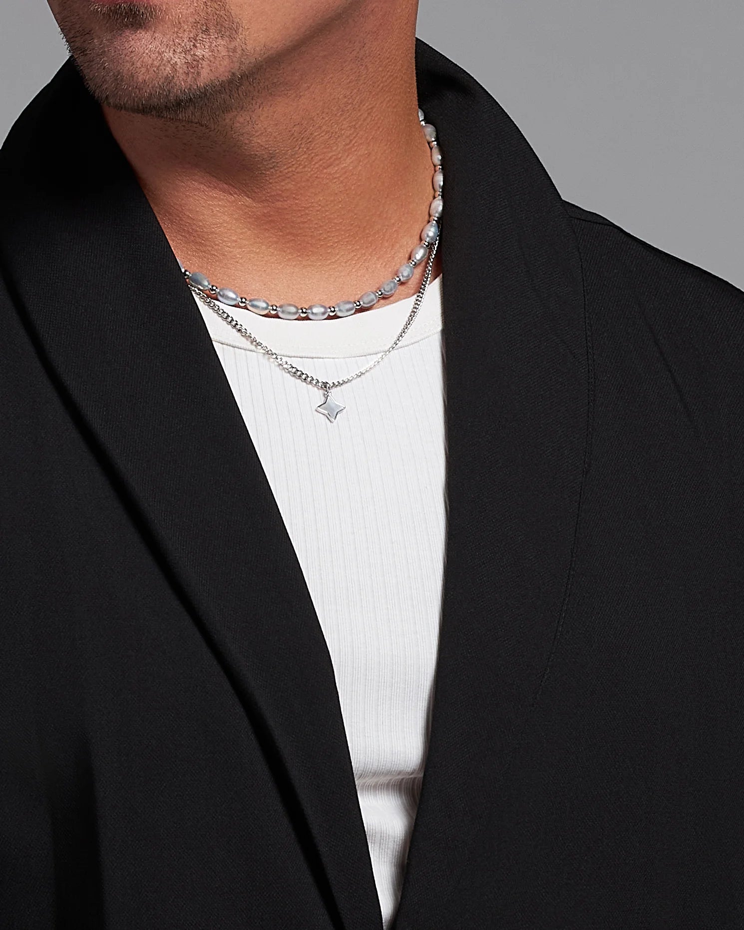 Pánsky Korálkový Náhrdelník - Silver Pearl & Silver