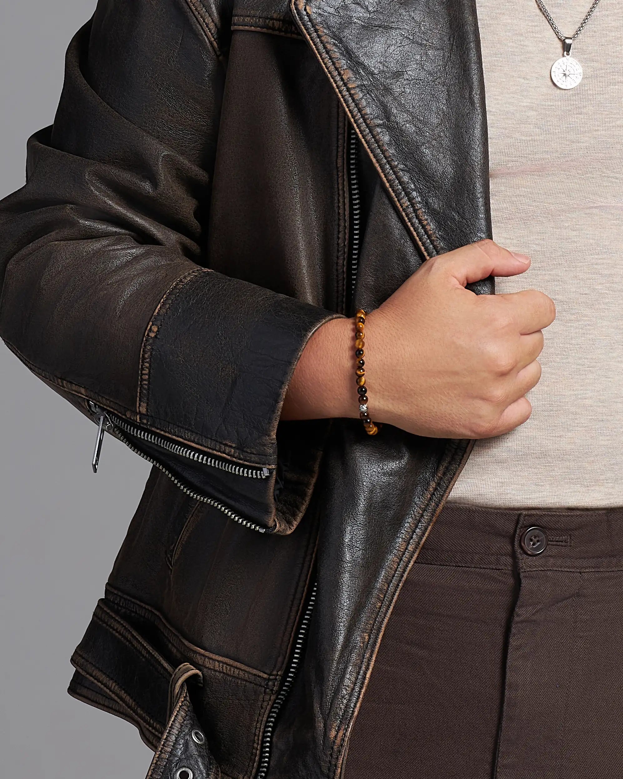 Pánsky Elastický Náramok - Tiger Eye & Silver