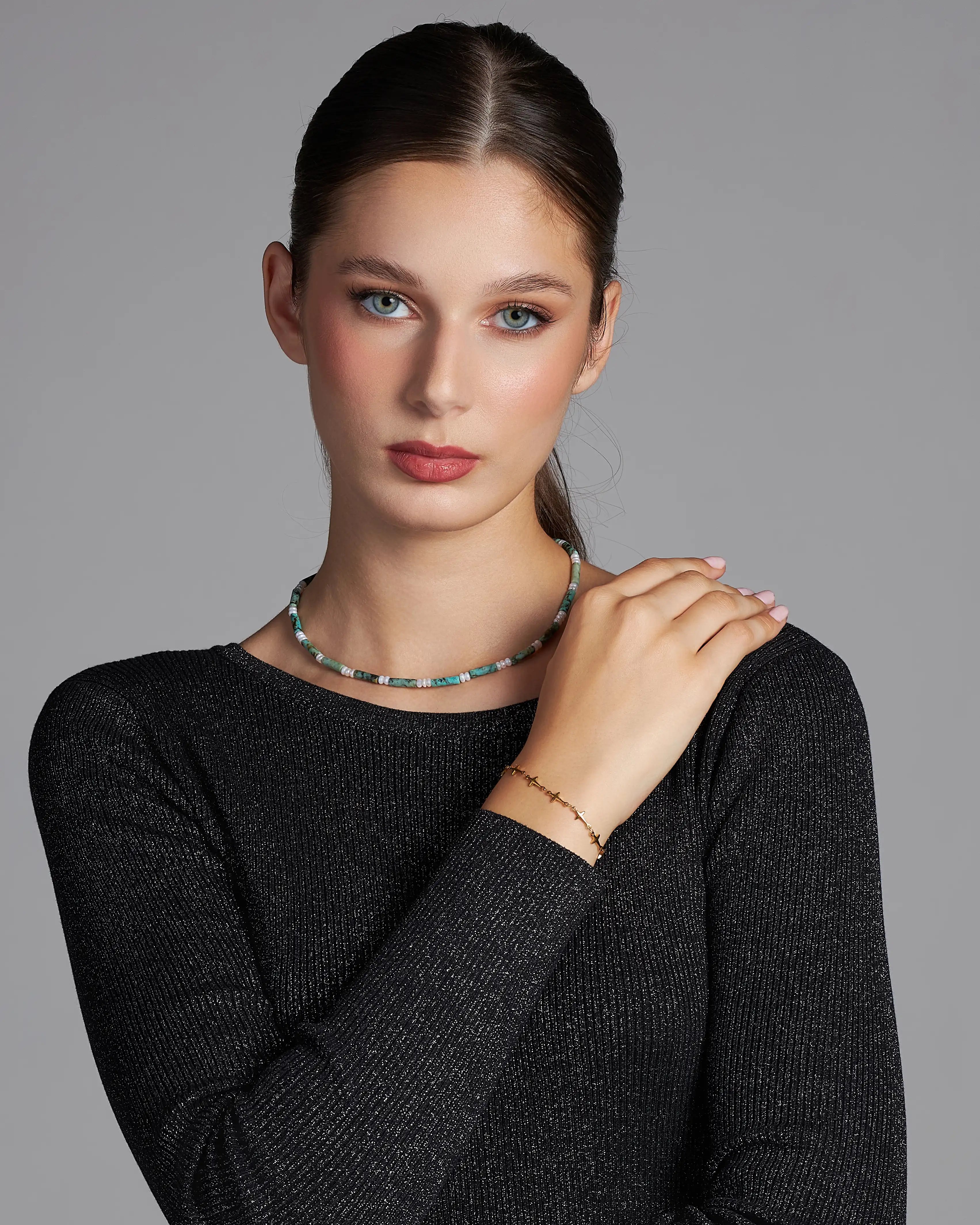 Dámsky Choker - Freshwater Pearl, Turquoise & Silver