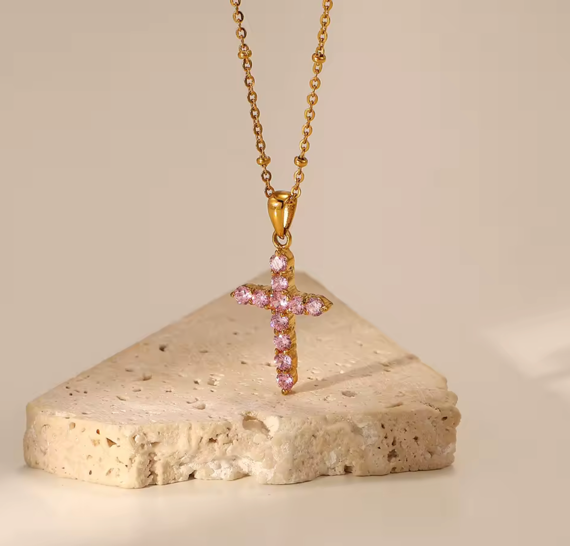 Dámsky Zlatý Náhrdelník - Rose CZ Cross