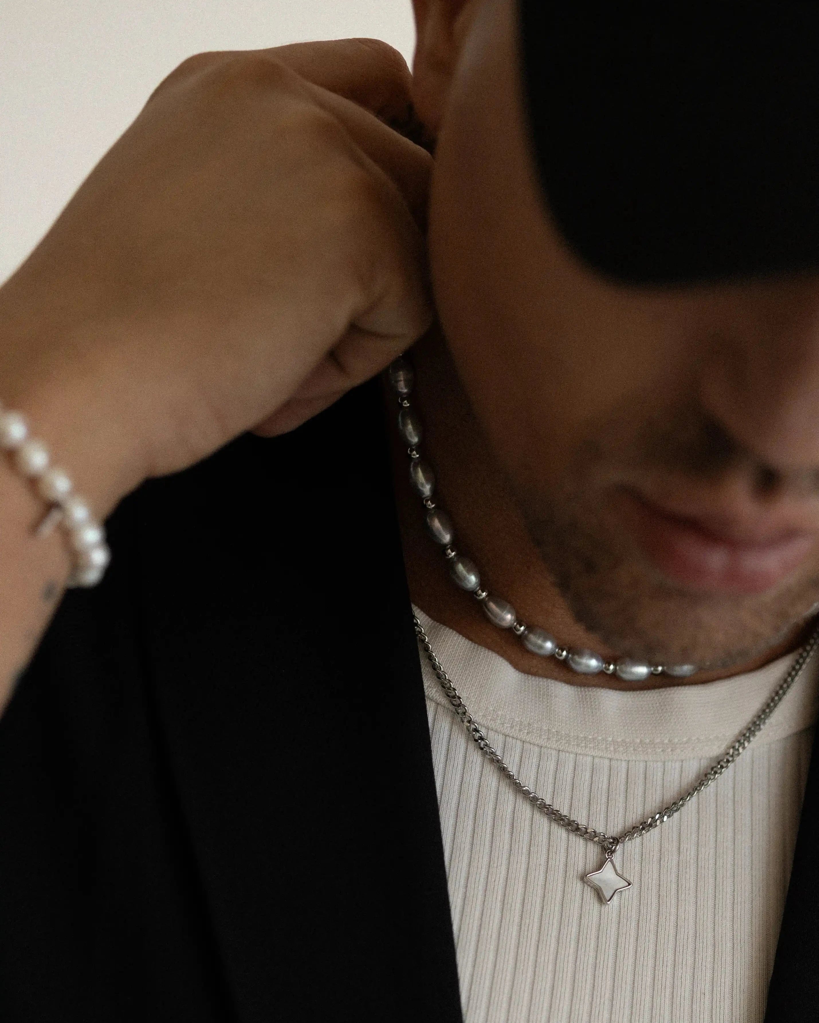 Pánsky Korálkový Náhrdelník - Silver Pearl & Silver