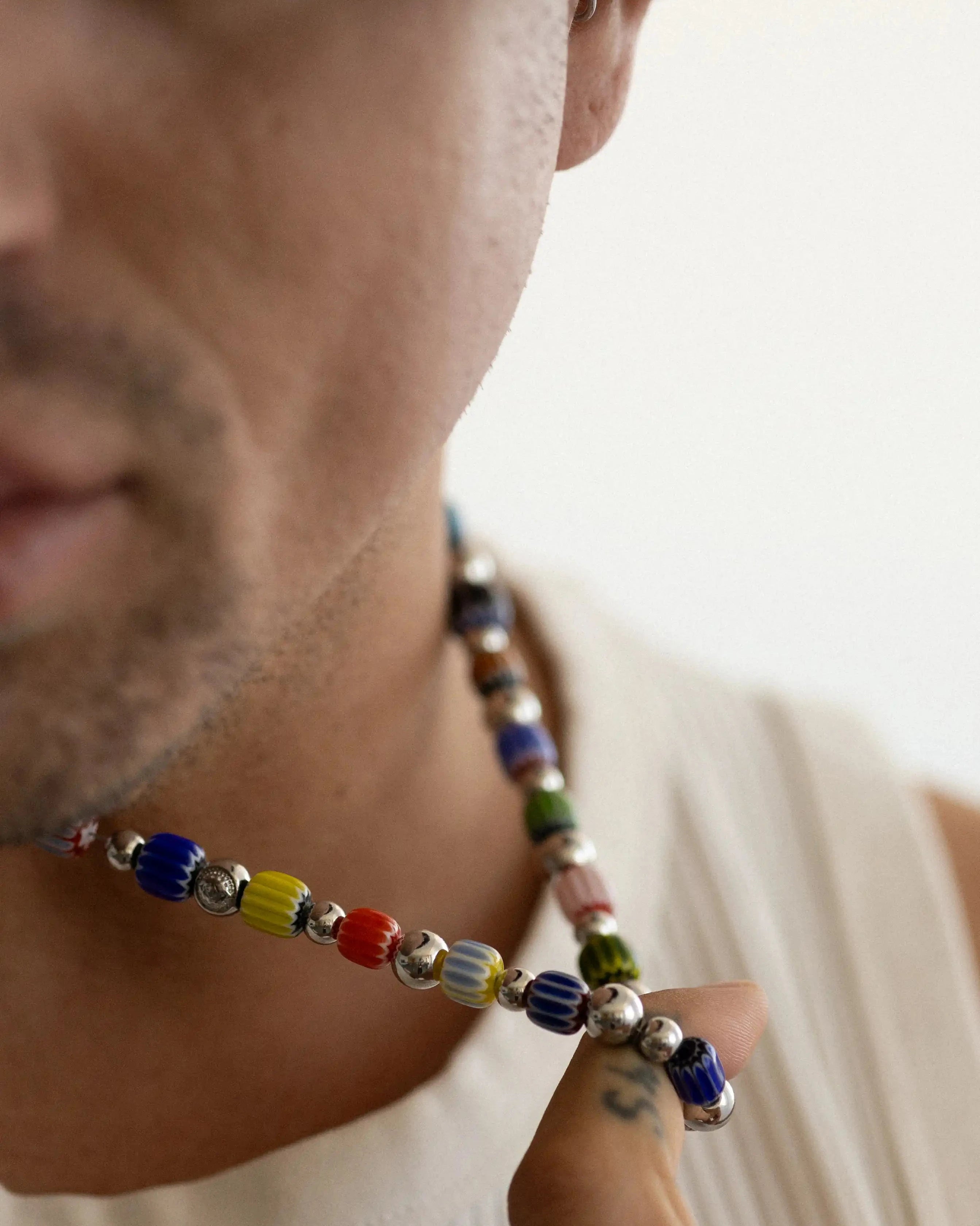 Pánsky Korálkový Náhrdelník - Handmade Millefiori & Silver