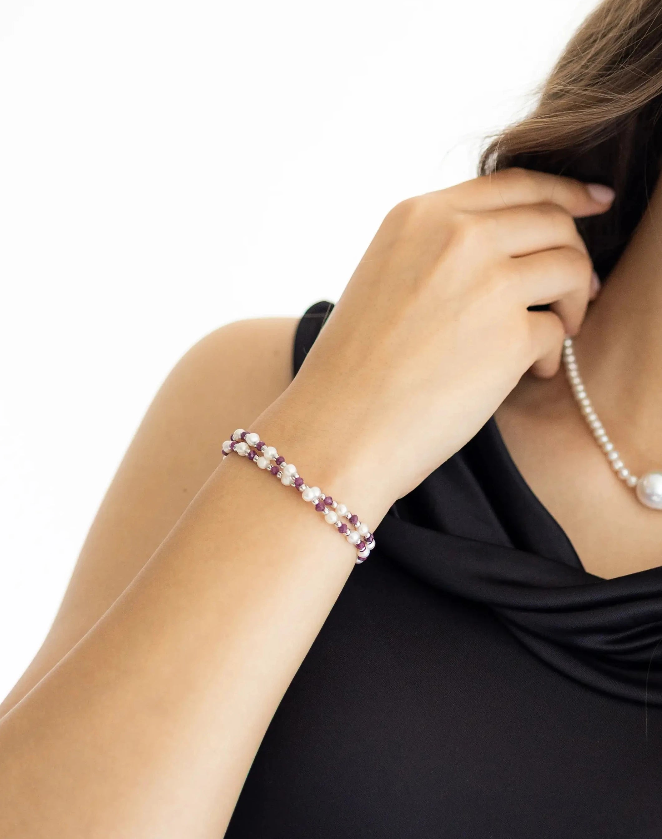 Dámsky Ovínací Náramok - Ruby, Freshwater Pearl & Silver