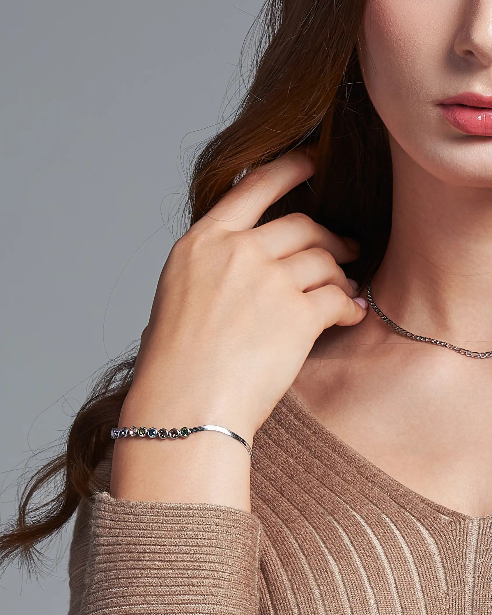 Dámsky Strieborný Náramok - Snake Chain & Multicolour Zircon