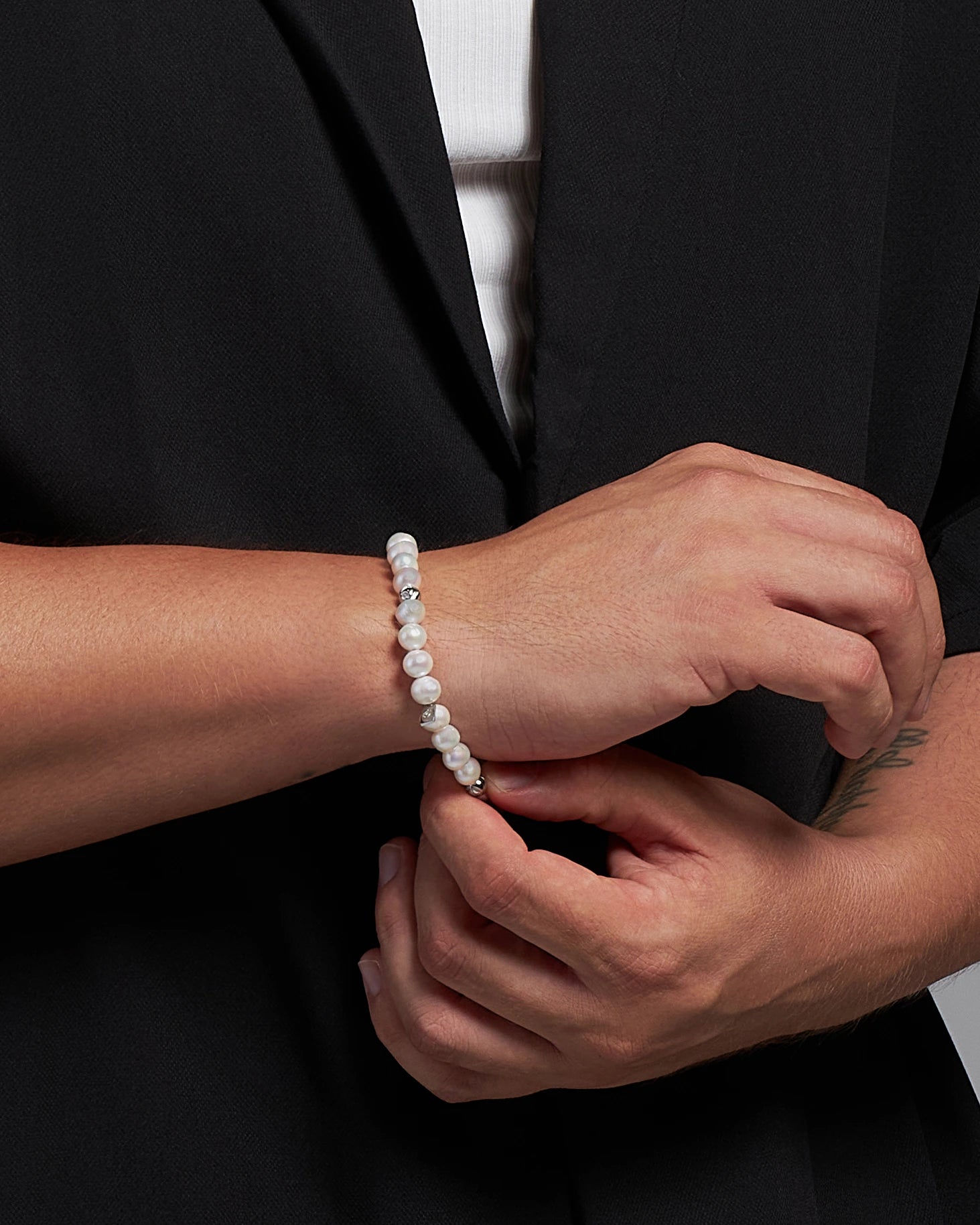 Pánsky Elastický Náramok - Freshwater Pearl & Silver