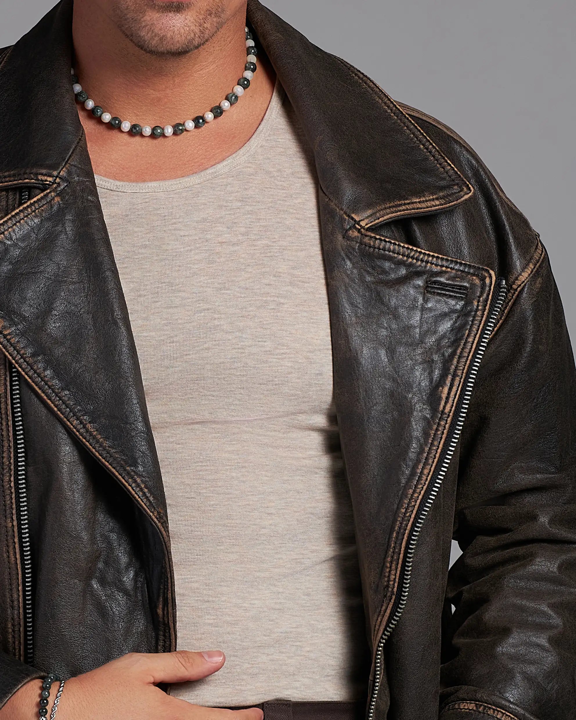 Pánsky Korálkový Náhrdelník - Serafinit, Pearl & Silver