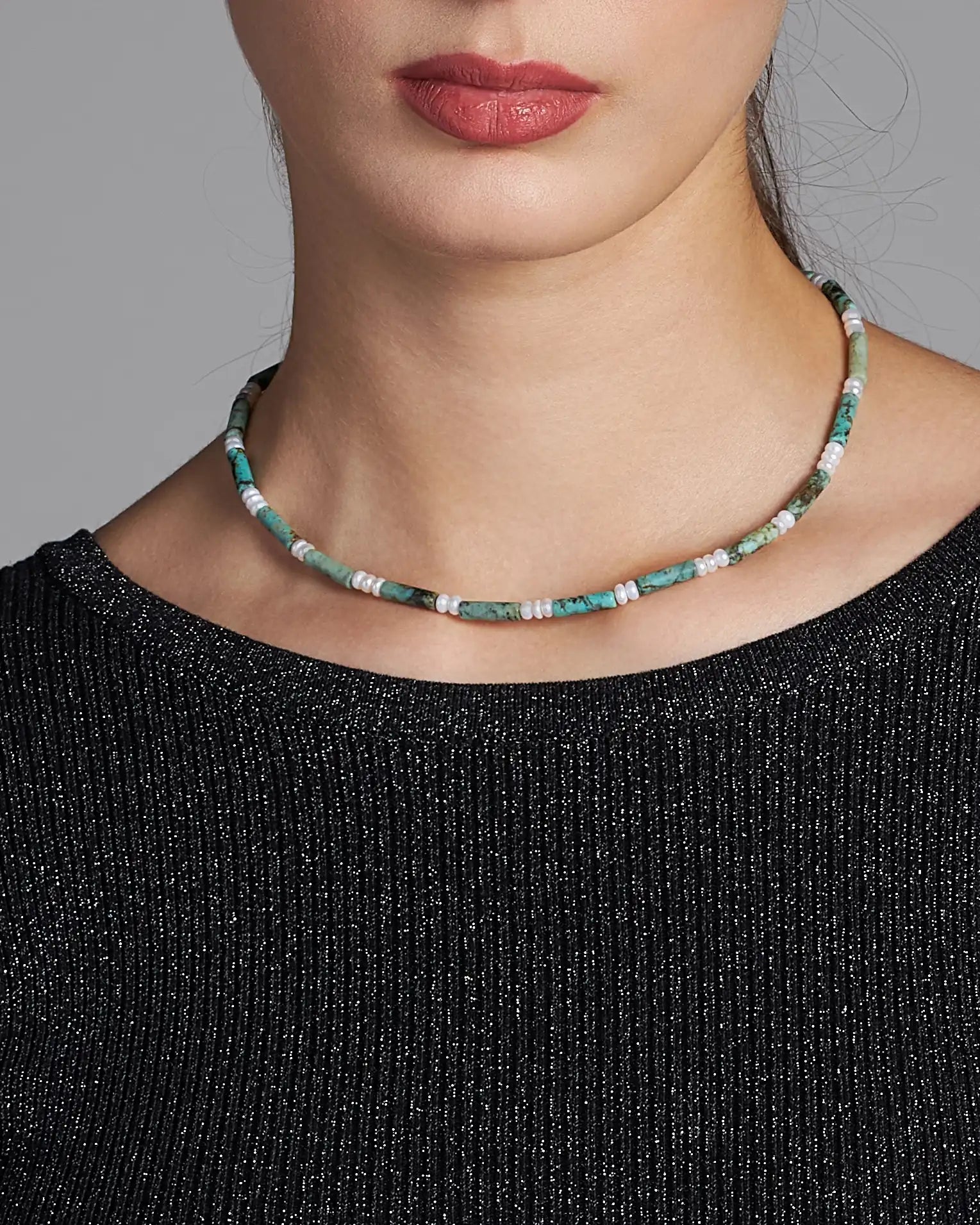 Dámsky Choker -  Freshwater Pearl, Turquoise & Silver