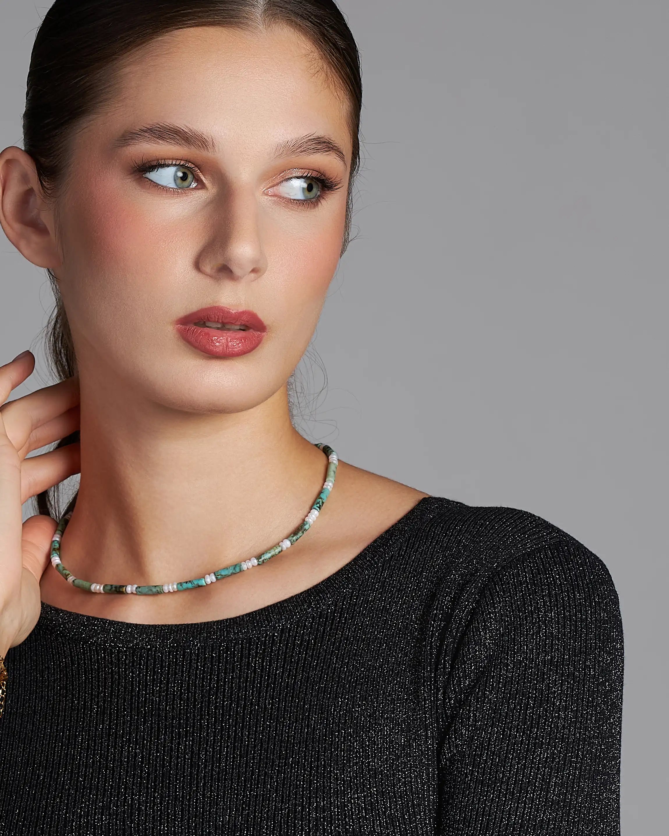 Dámsky Choker -  Freshwater Pearl, Turquoise & Silver